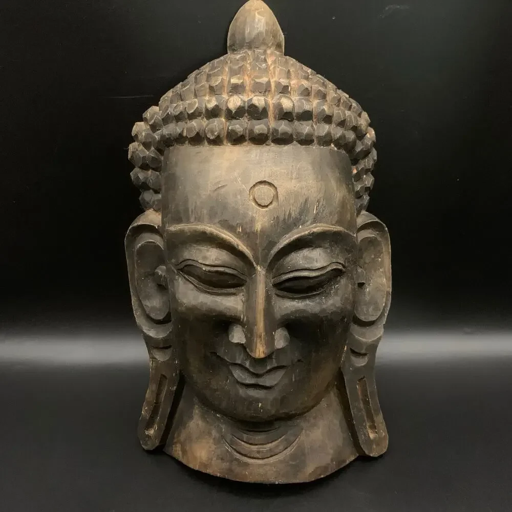 Vintage Gautam Buddha Nepal Head Face Mask Hand Carved Wood Wall Hanging